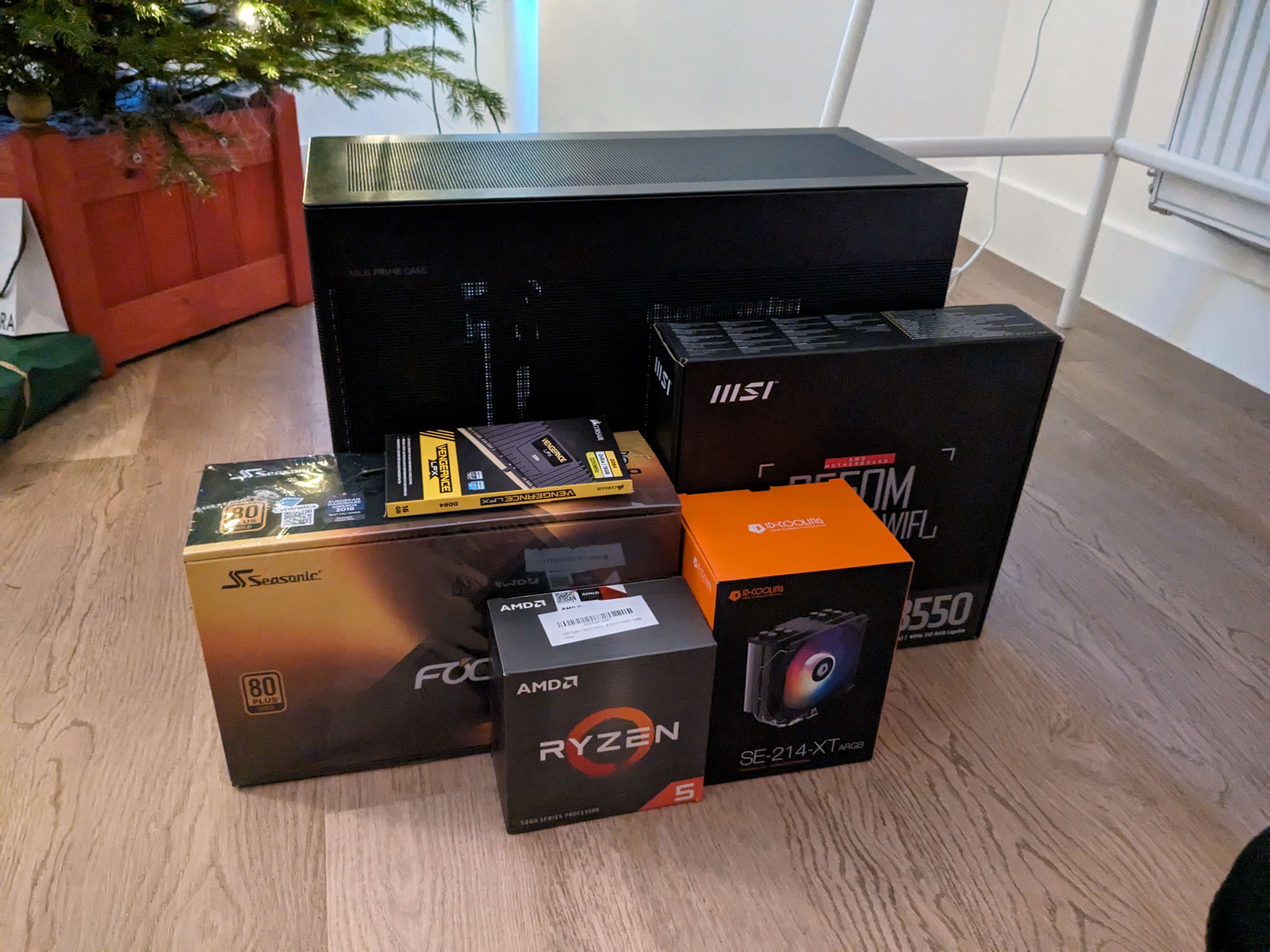 All the new PC components together in their boxes