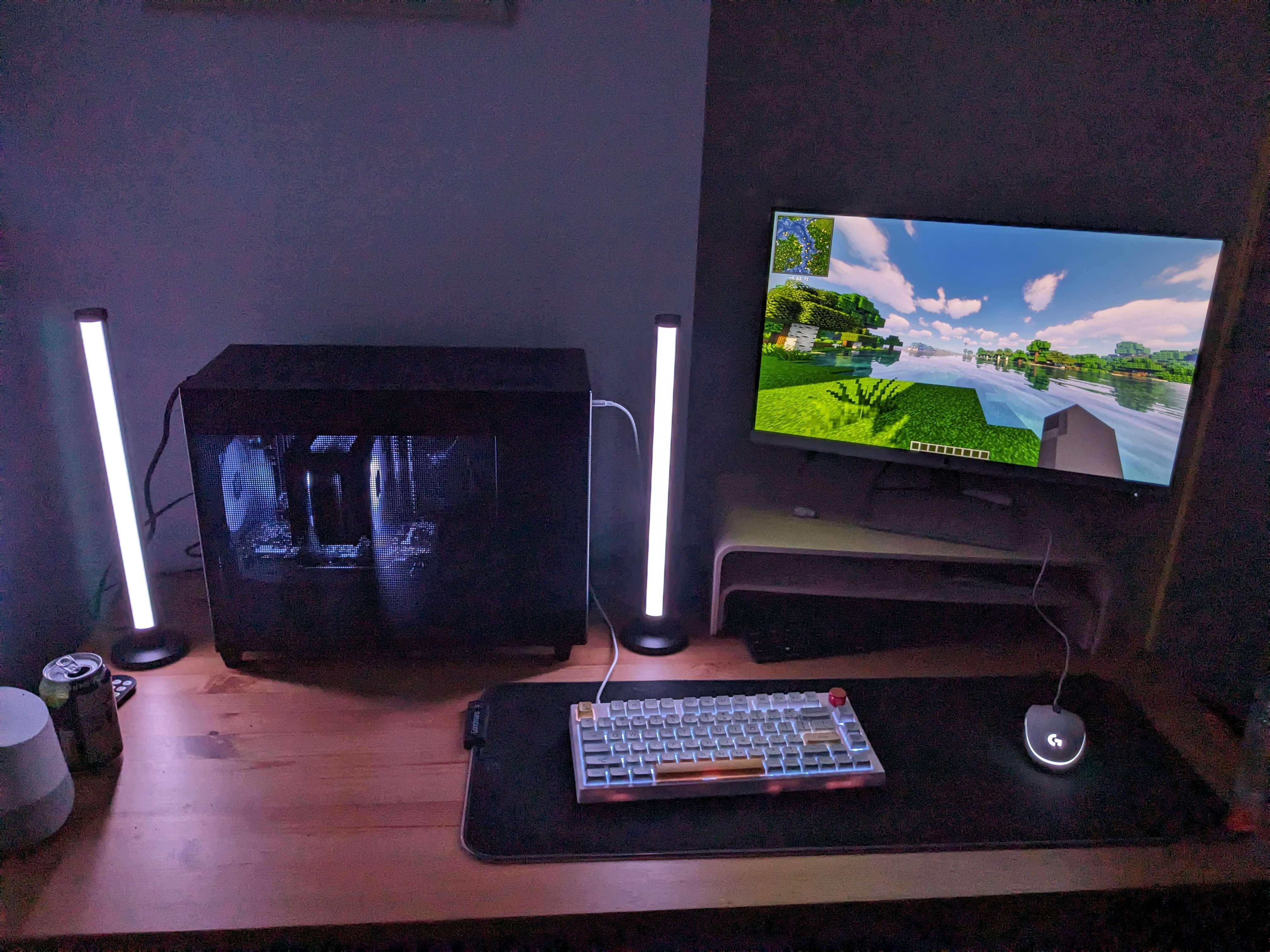 The complete setup in a dark room, running Minecraft with shaders