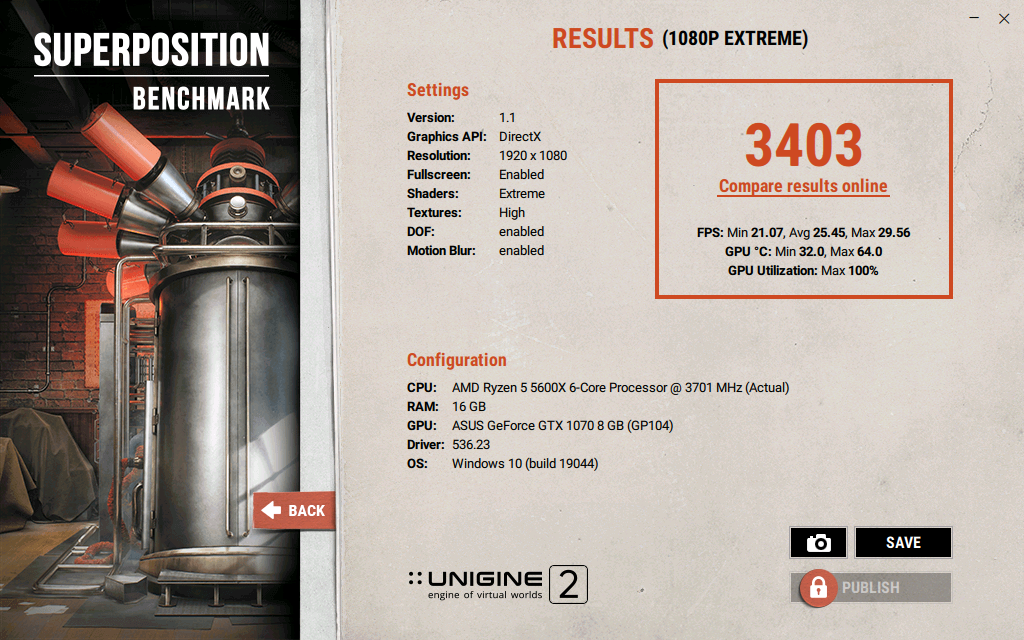 A screenshot of the GTX 1070's benchmark results.