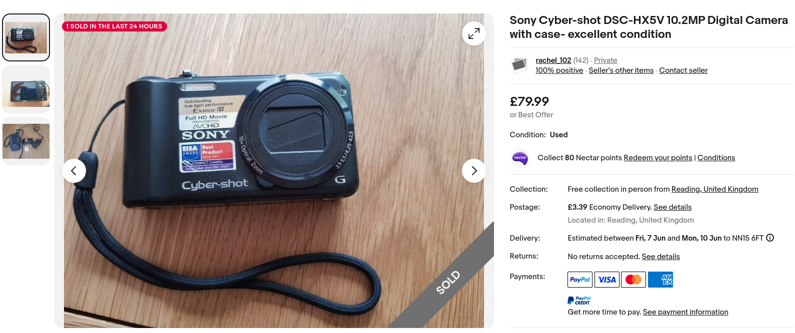 An eBay listing for the Sony Cybershot